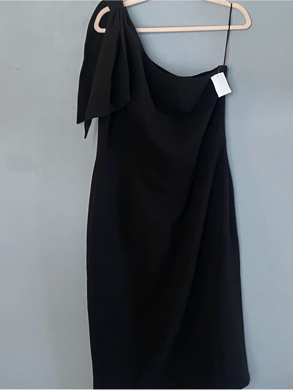 Dress The Population One-Shoulder Black Midi Dress with Draped Bow New
